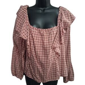J. Crew Shirt XL Red Plaid Ruffled Sustainable Cottom Blouse Cottagecore Top